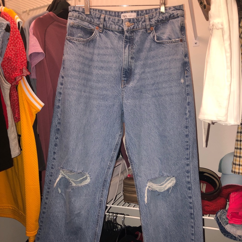 Zara Wide Leg Full Length Ripped Jeans Indigo